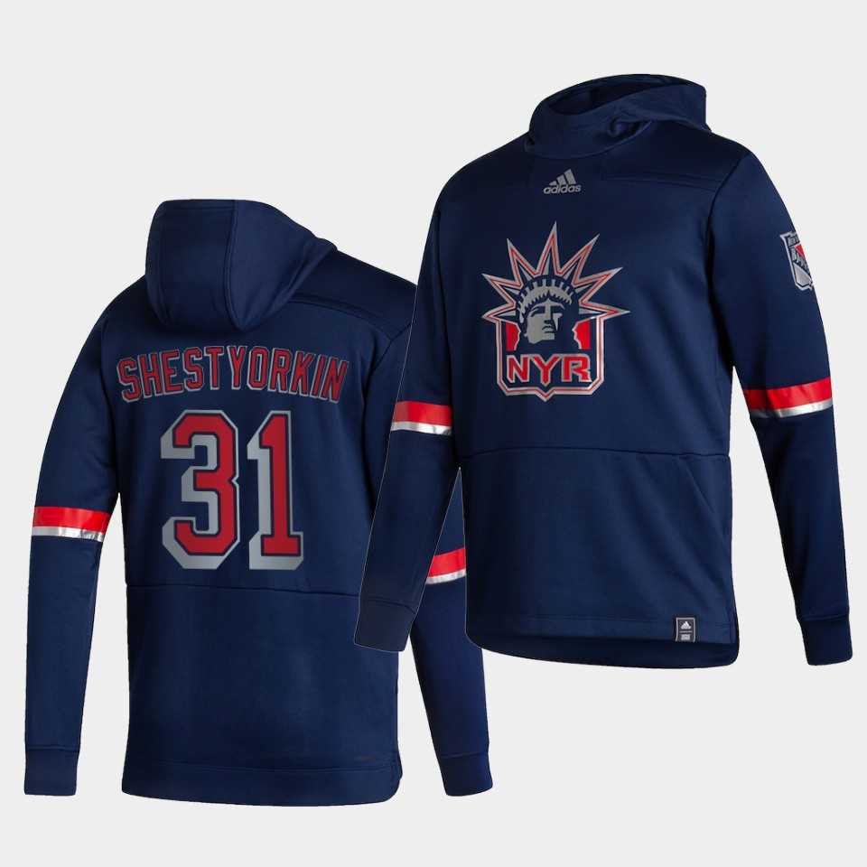 Men New York Rangers 31 Shestyorkin Blue NHL 2021 Adidas Pullover Hoodie Jersey